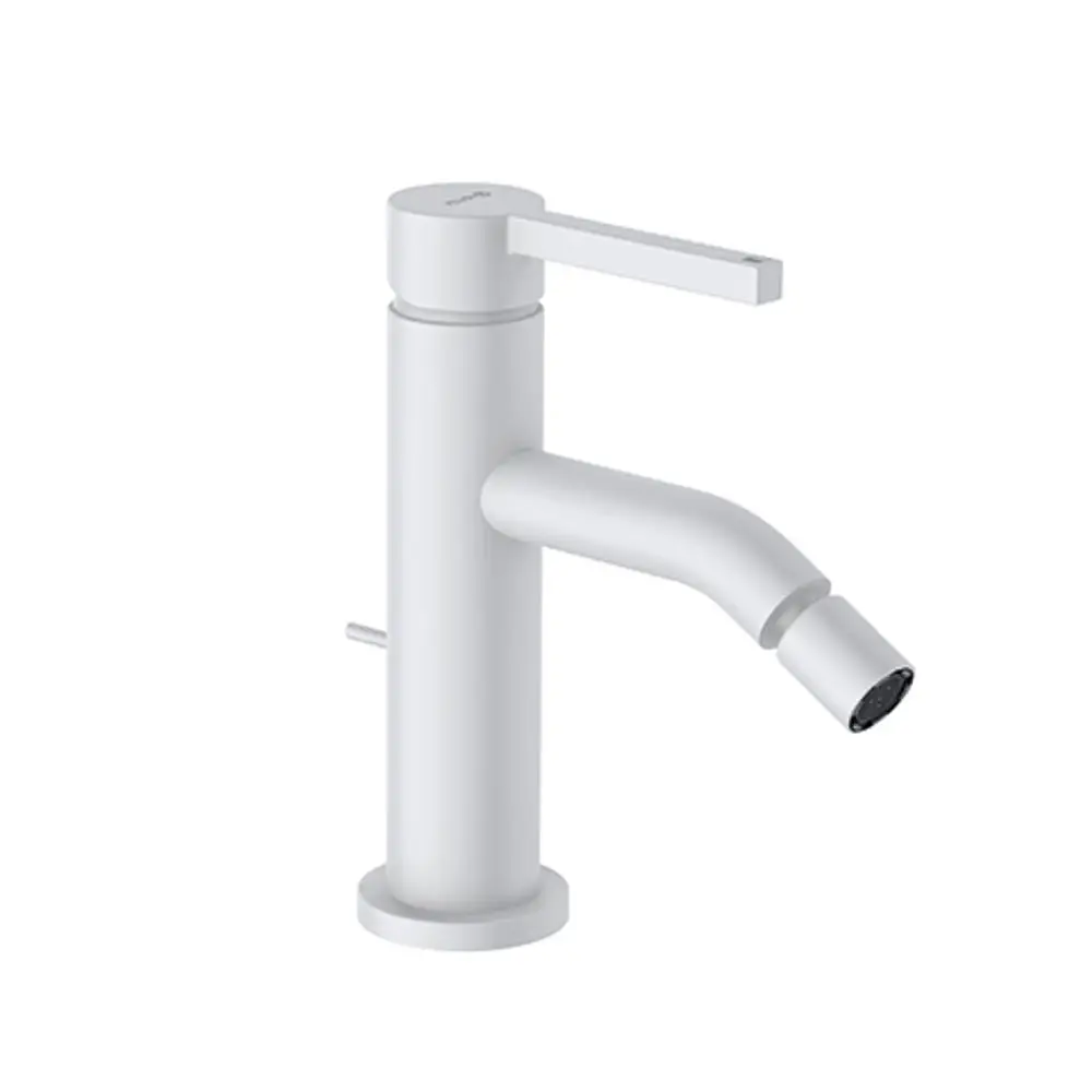 Bidetarmatur von Kludi in Mattweiß mit abgerundetem Auslauf und einem Hebel. Mit Zugstange zur Steuerung des Wasserflusses.